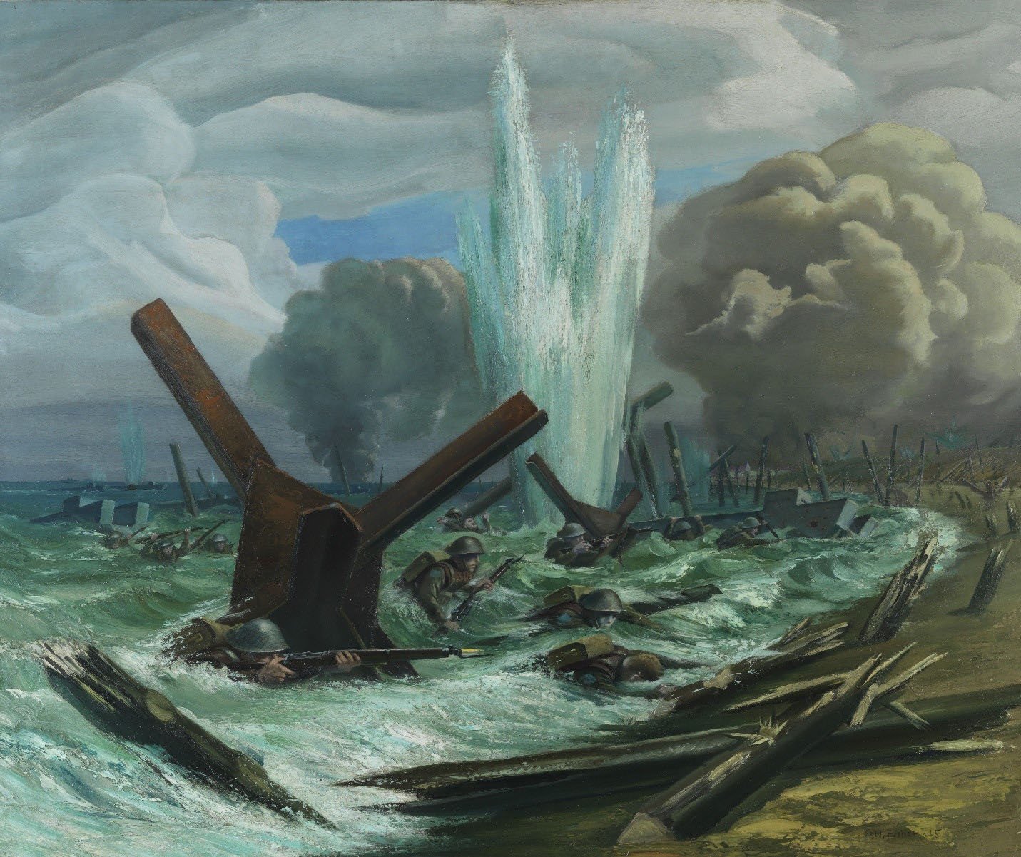 Painting of soldiers in a battle on a beach