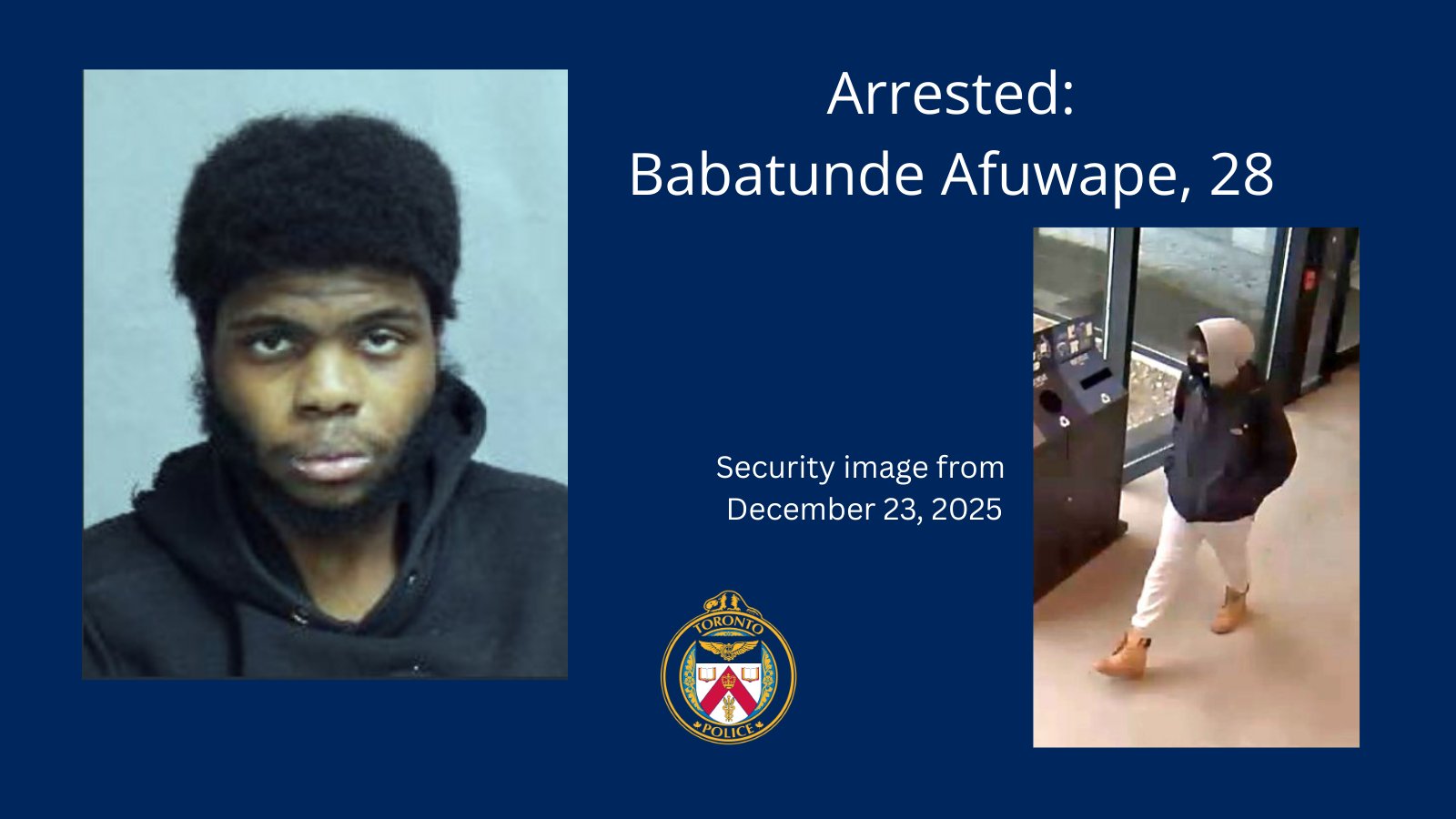 Two images of a man, with text: Arrested Babatunde Afwape, 28. Security image from December 23, 2025