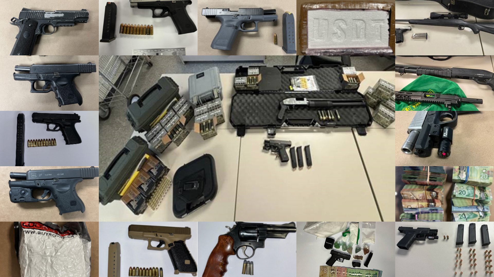 Firearms and cash and drugs displayed on tables