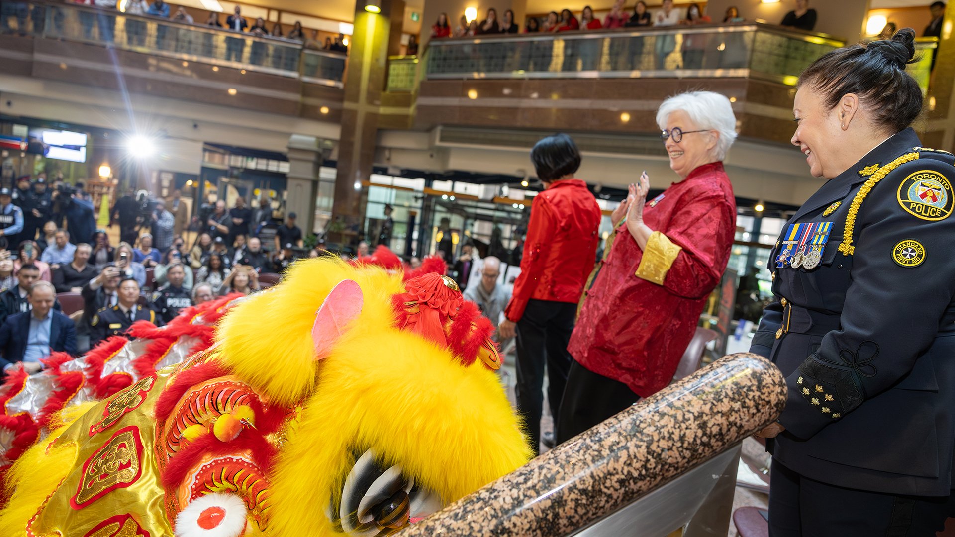 Lion costumes with people on a platform