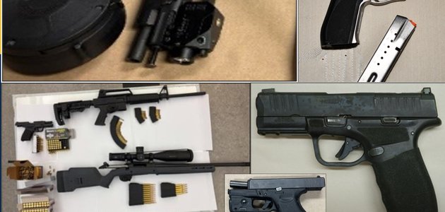 Firearms displayed on tables