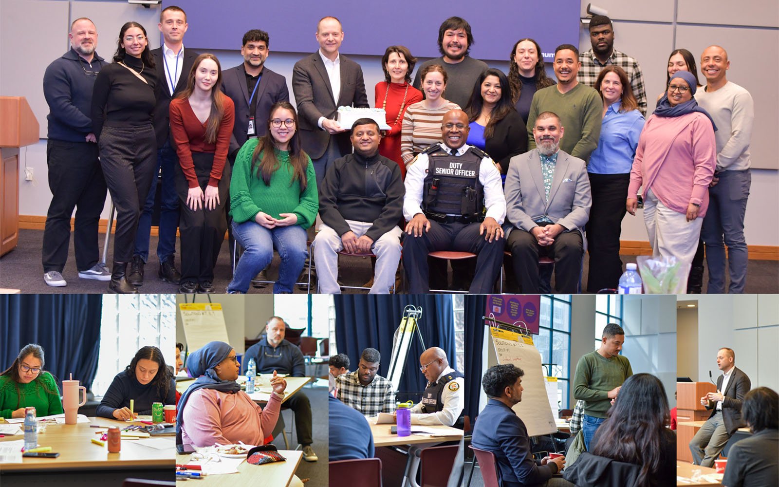 a collage of photos of groups of people in various indoor locations