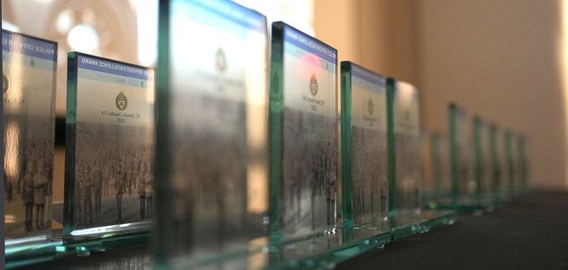 Glass awards lined up on a table
