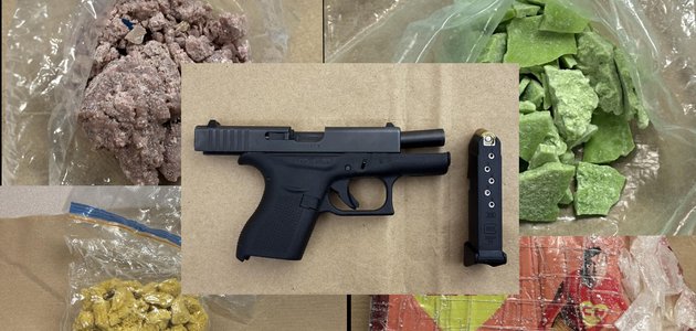 Several photos of drugs in plastic bags and a handgun with a magazine