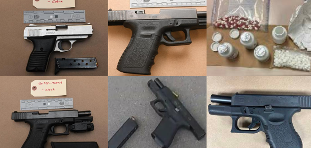 Handguns on tables and drugs in plastic bags