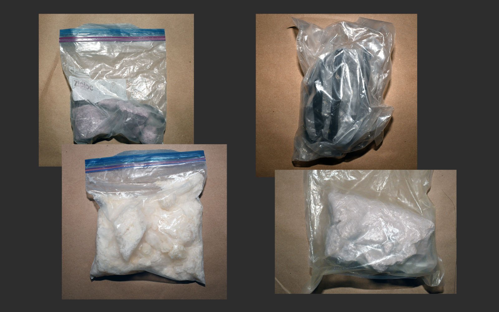 collage of photos of ziploc bags containing various substances
