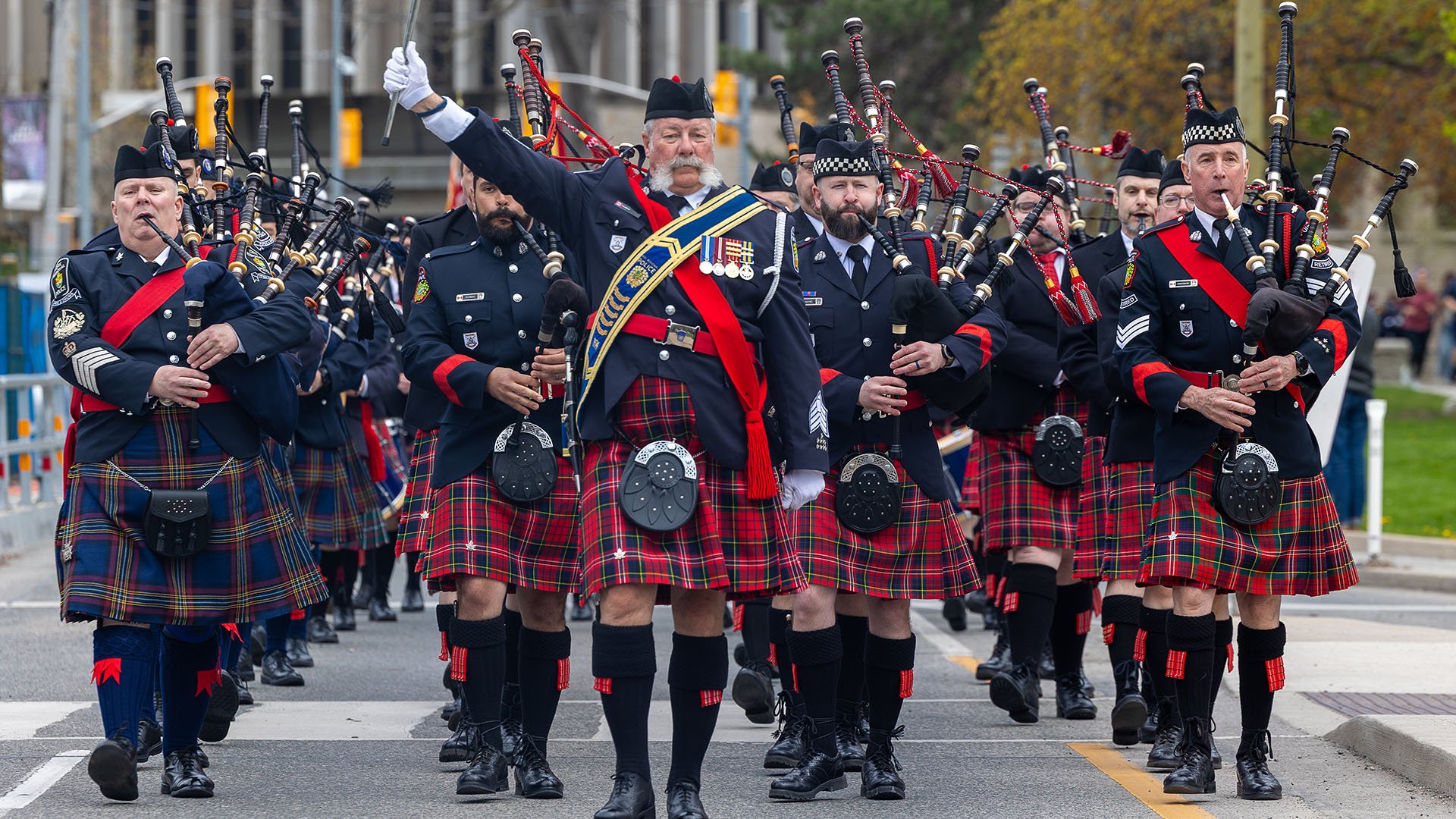 Bagpipers marching
