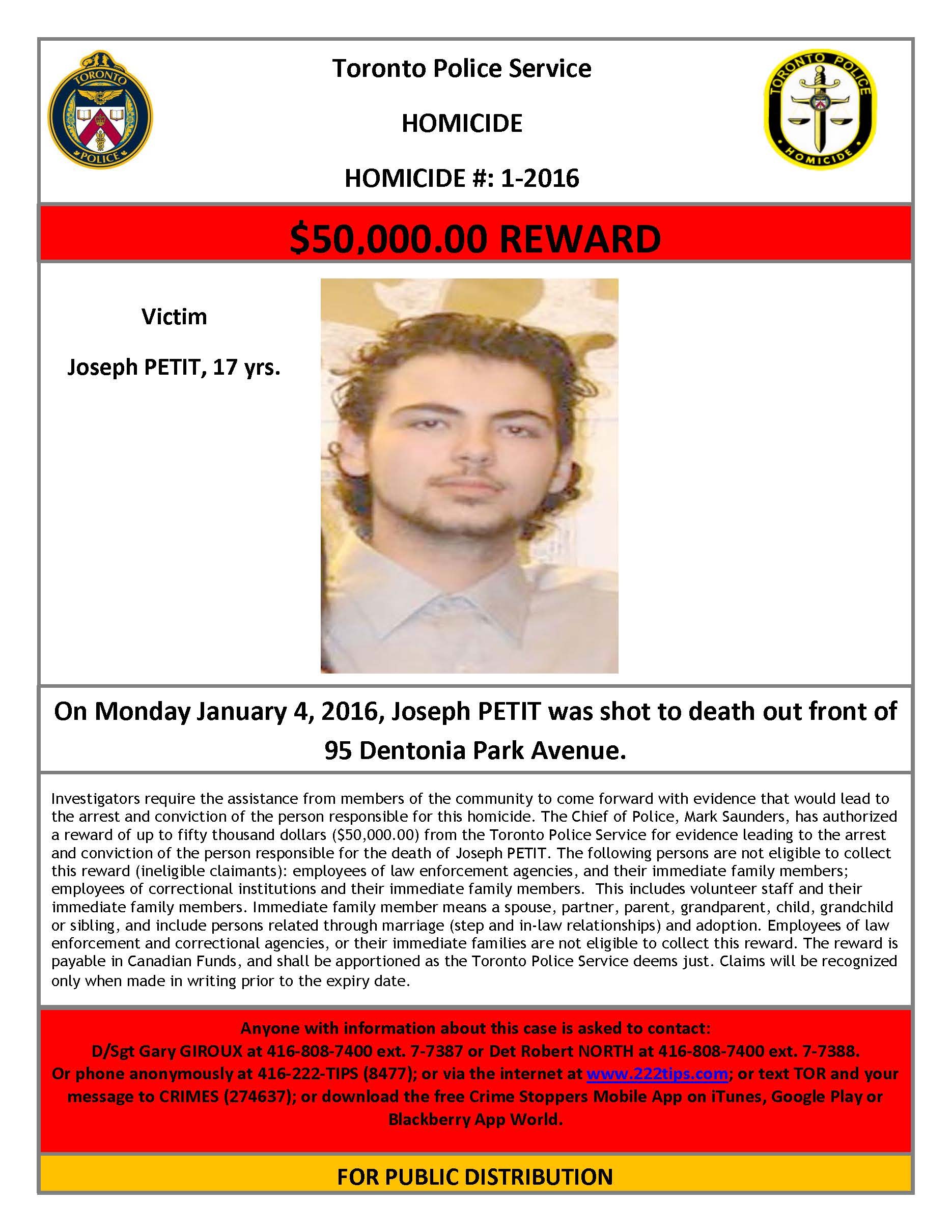 Image of homicide victim, and text detailing reward offer
